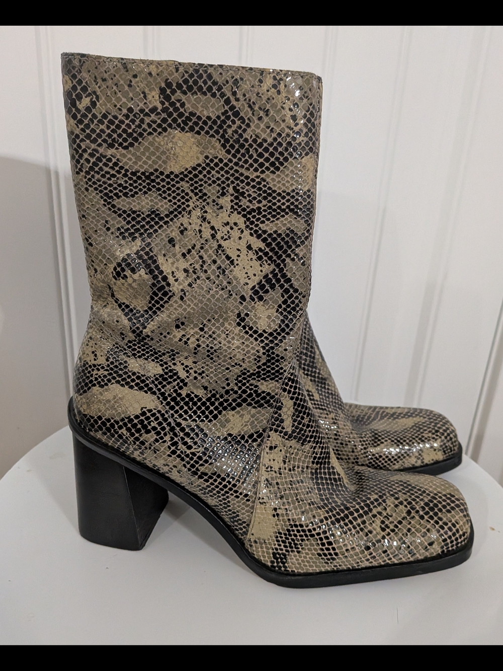 MIA Leather Snake-Print Block Heel Ankle Mid Calf Boots